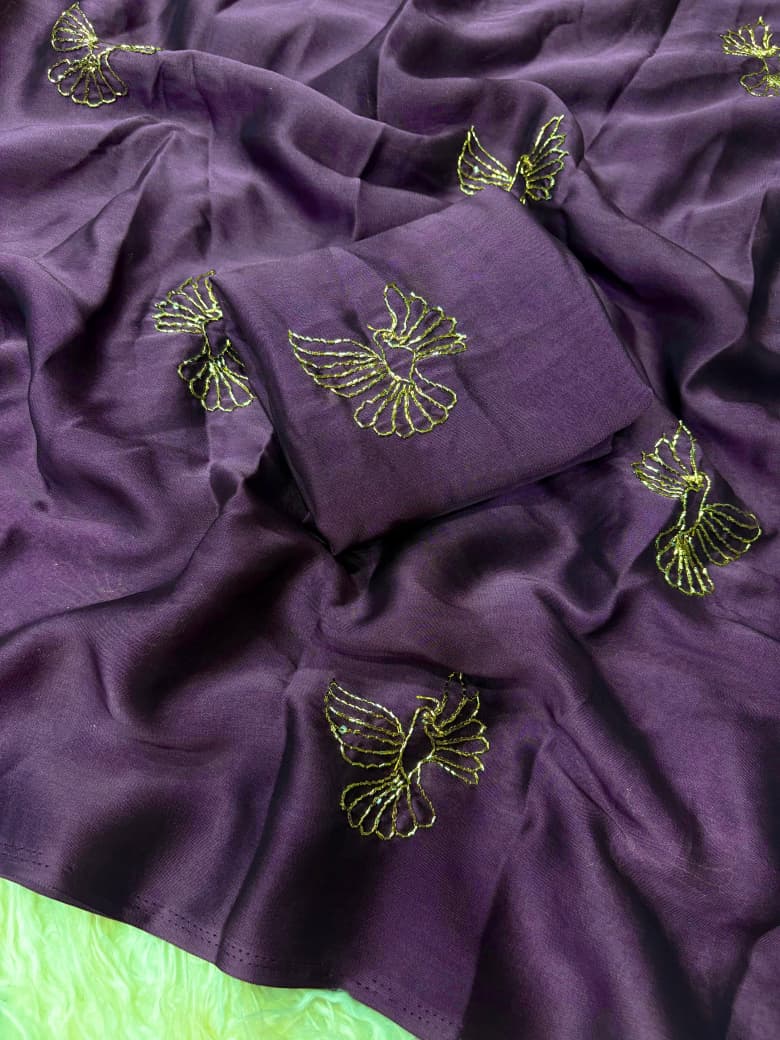 Rangoli Fabric Saree with Beads Work Bird Design & Matching Blouse