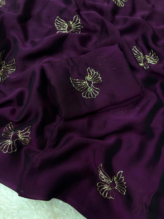 Rangoli Fabric Saree with Beads Work Bird Design & Matching Blouse