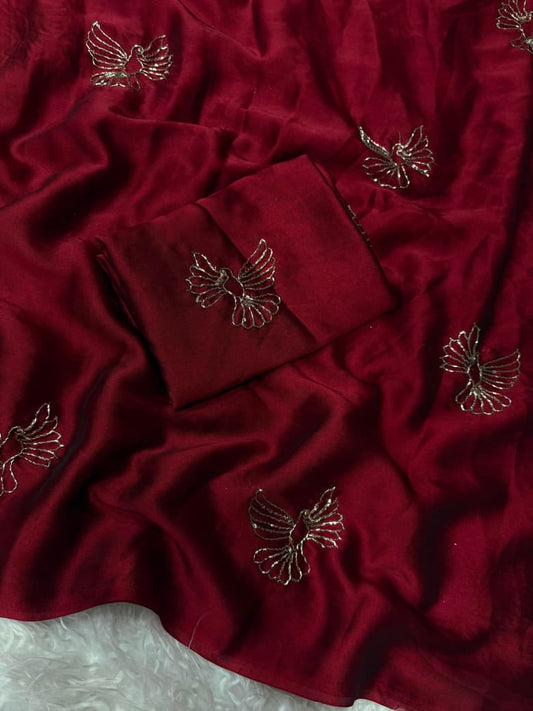 Rangoli Fabric Saree with Beads Work Bird Design & Matching Blouse