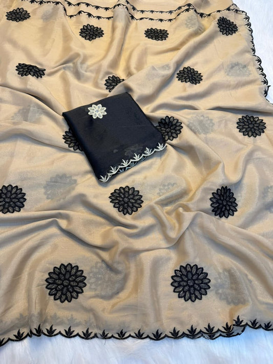 Rangoli Silk Saree with Embroidery Thread Work & Contrast Blouse