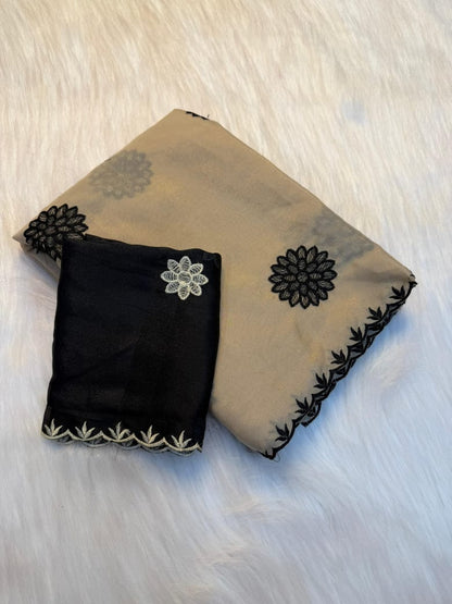 Rangoli Silk Saree with Embroidery Thread Work & Contrast Blouse