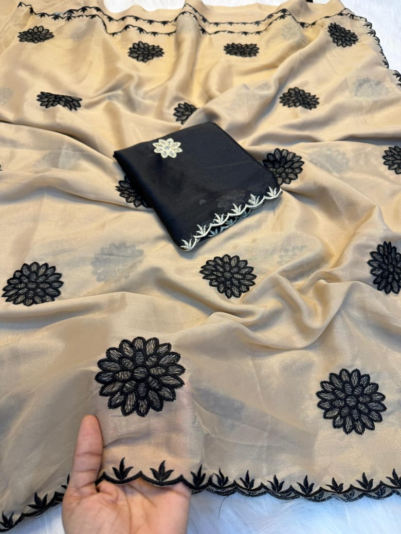 Rangoli Silk Saree with Embroidery Thread Work & Contrast Blouse