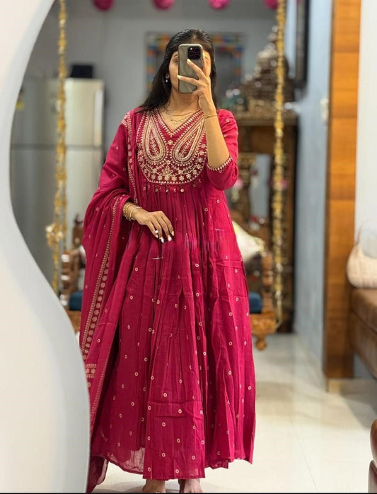 Rani Cotton Anarkali Kurti Set with Embroidery & Malmal Dupatta