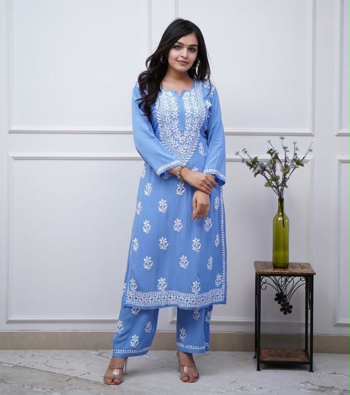 Rayon Chicken Embroidery Kurti Pant Set | Fully Stitched