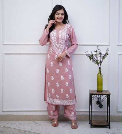 Rayon Chicken Embroidery Kurti Pant Set | Fully Stitched
