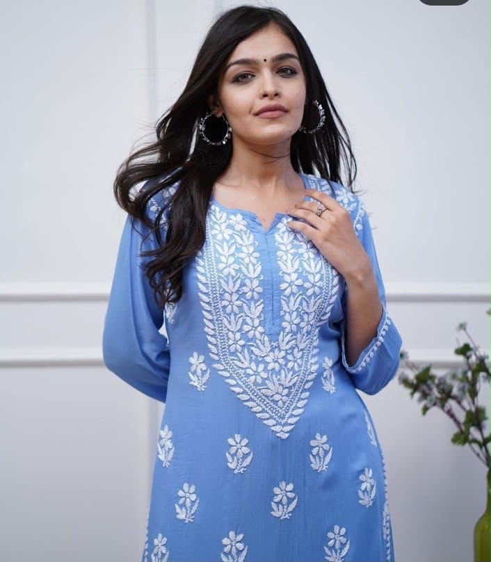 Rayon Chicken Embroidery Kurti Pant Set | Fully Stitched