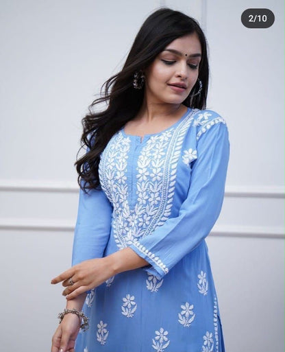 Rayon Chicken Embroidery Kurti Pant Set | Fully Stitched