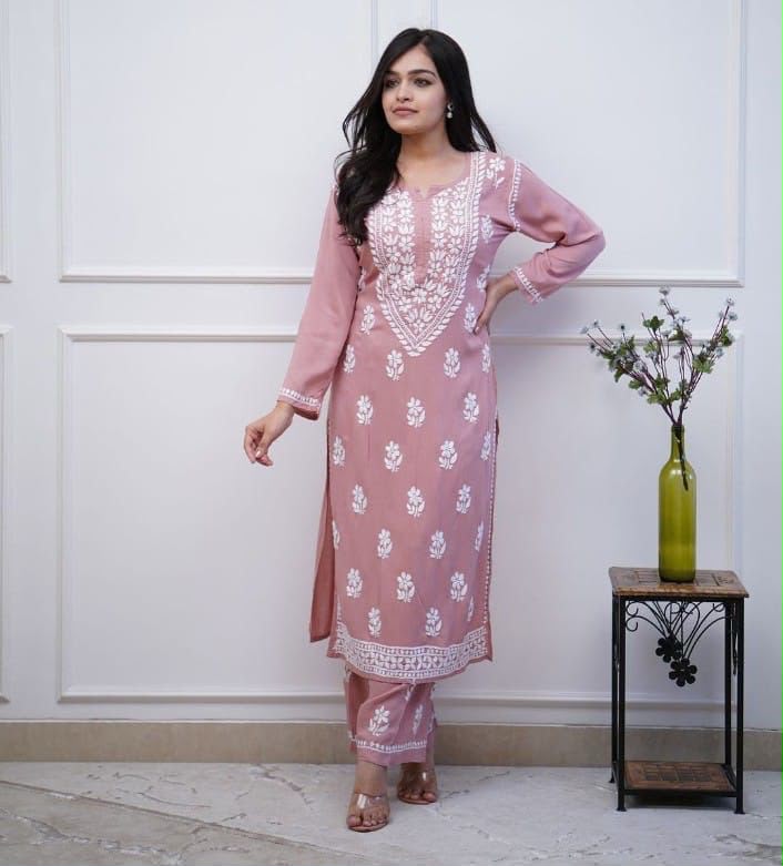 Rayon Chicken Embroidery Kurti Pant Set | Fully Stitched