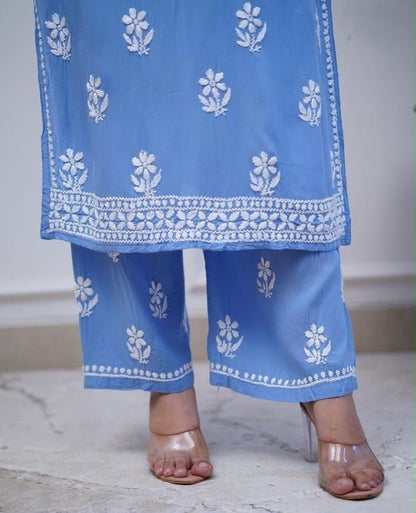 Rayon Chicken Embroidery Kurti Pant Set | Fully Stitched