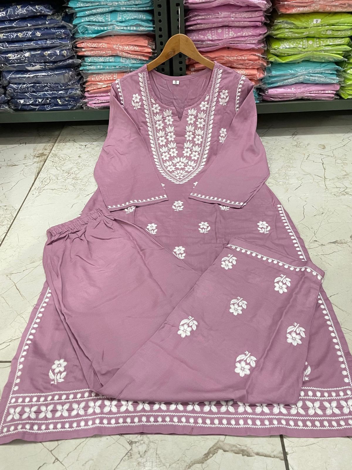 Rayon Chicken Embroidery Kurti Pant Set | Fully Stitched