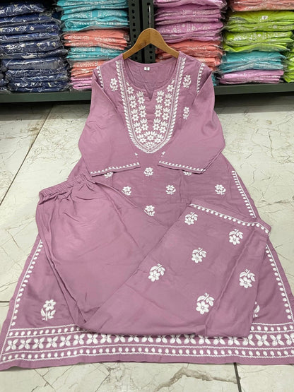Rayon Chicken Embroidery Kurti Pant Set | Fully Stitched