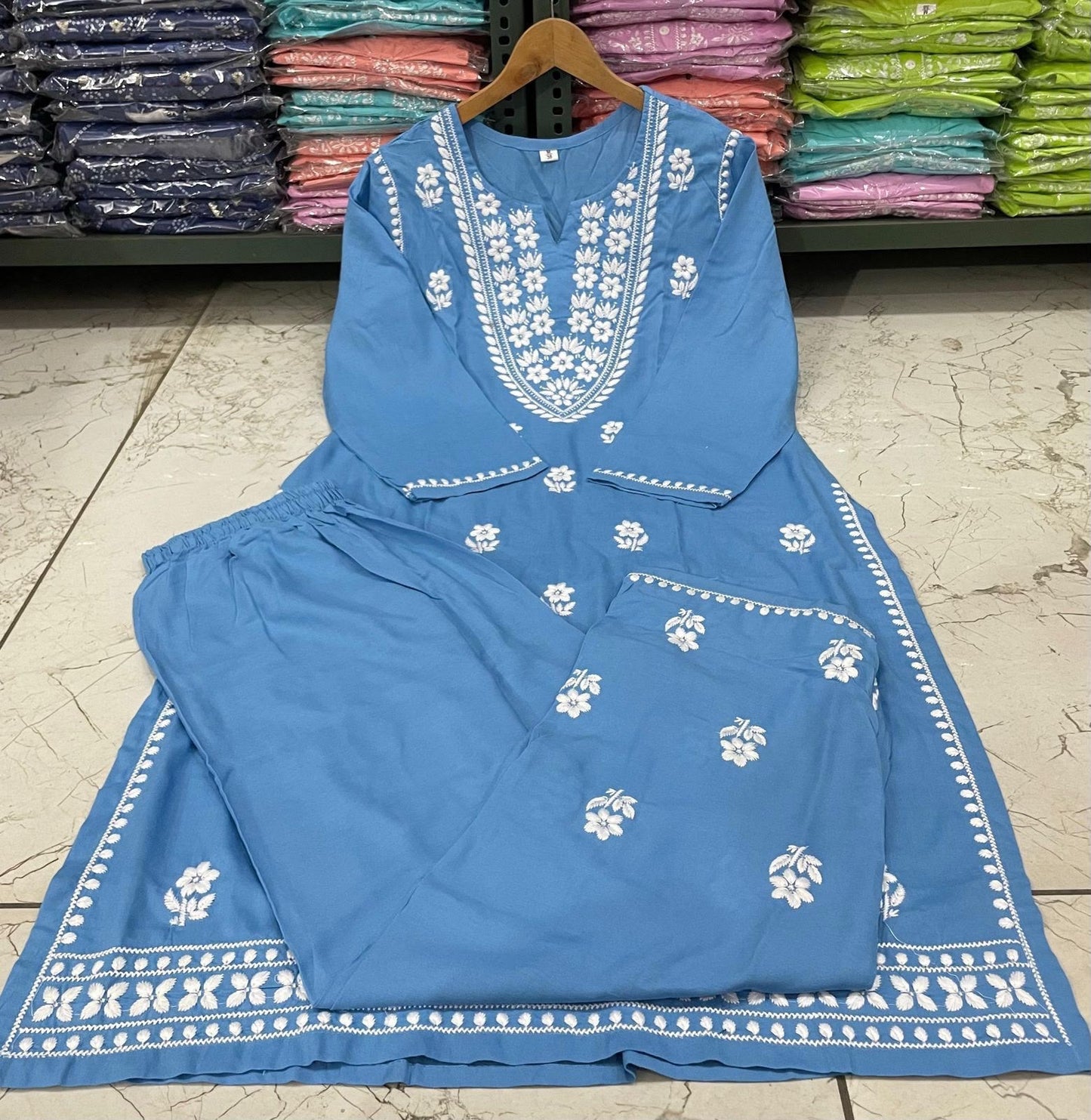 Rayon Chicken Embroidery Kurti Pant Set | Fully Stitched