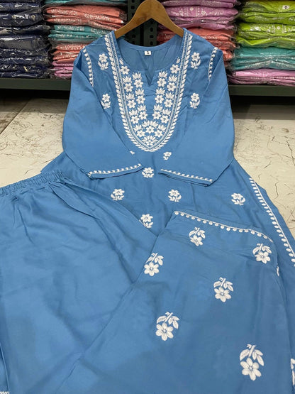 Rayon Chicken Embroidery Kurti Pant Set | Fully Stitched