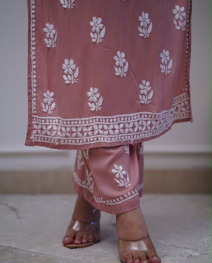 Rayon Chicken Embroidery Kurti Pant Set | Fully Stitched
