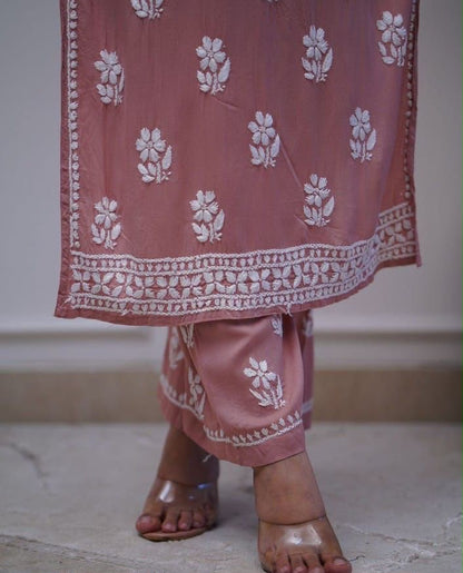 Rayon Chicken Embroidery Kurti Pant Set | Fully Stitched