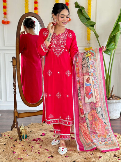 Rayon Embroidered Kurta Set with Digital Print Chanderi Dupatta