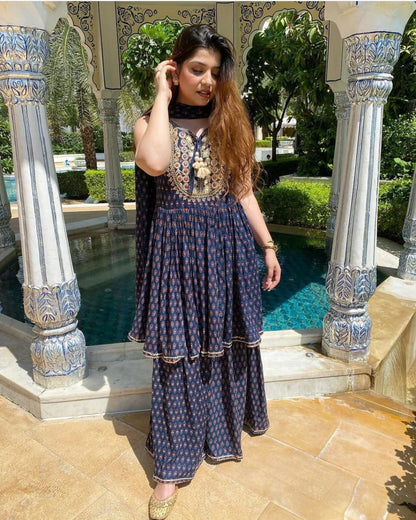 Rayon Embroidered & Printed Sharara Set with Dupatta