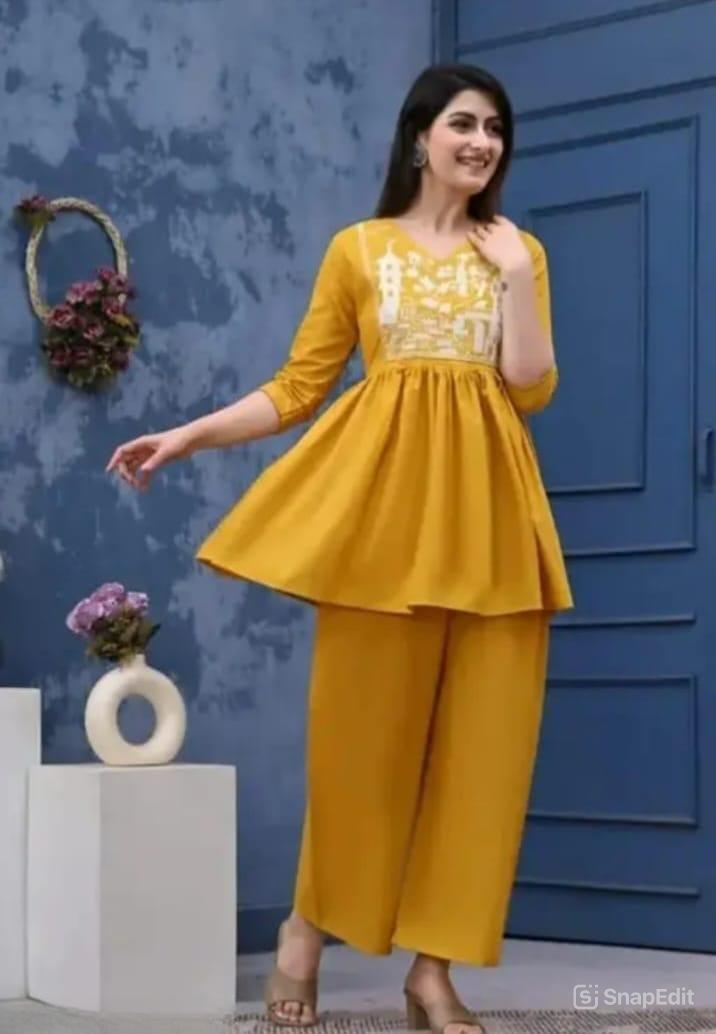 Rayon Embroidered Top with Palazzo Pant Set