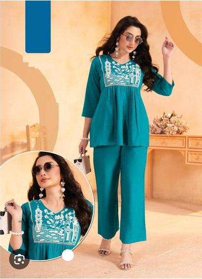 Rayon Embroidered Top with Palazzo Pant Set