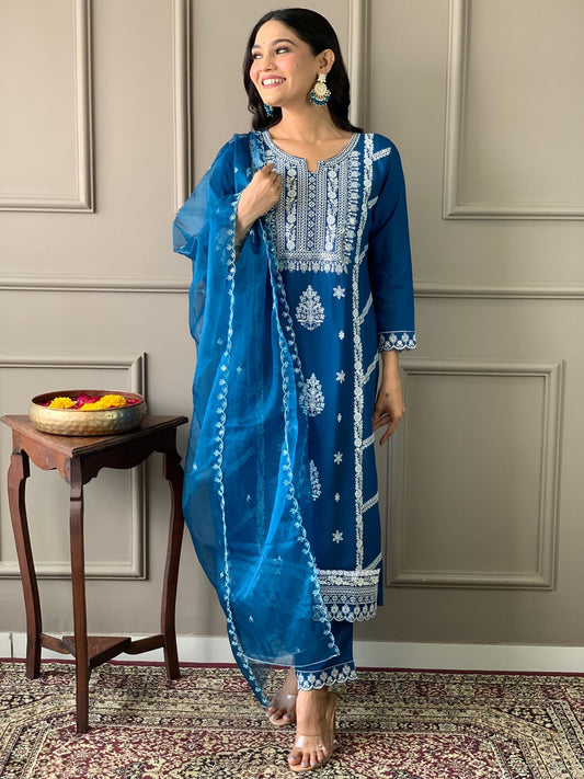 Rayon Embroidery Kurta Set with Organza Dupatta