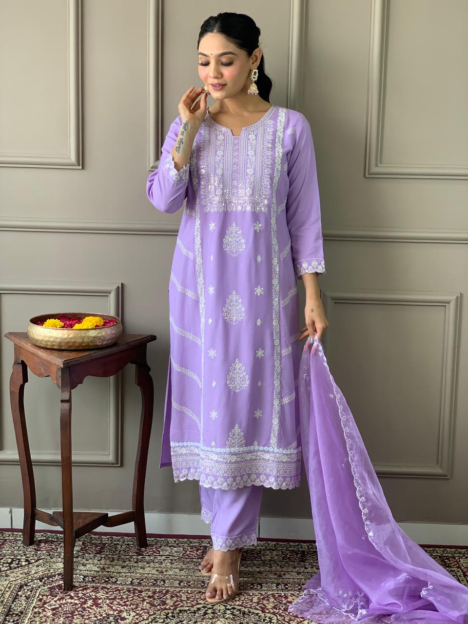 Rayon Embroidery Kurta Set with Organza Dupatta