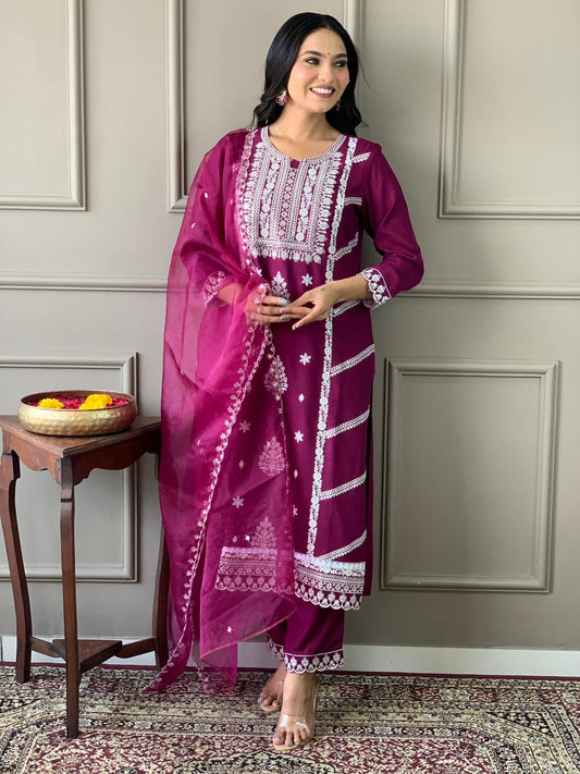 Rayon Embroidery Kurta Set with Organza Dupatta