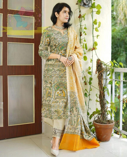 Rayon Kurti with Rajasthani Print, Pant, and Cotton Dupatta - Fully Stitched Set