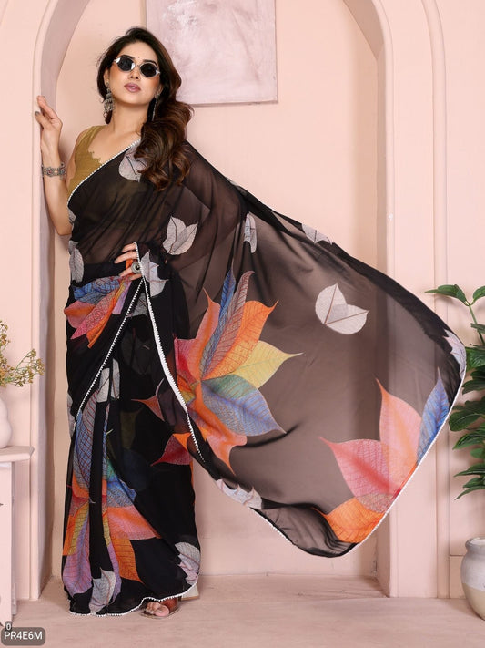 Ready-to-Wear Georgette Printed Leaf Saree with Lace Work & Banglori Silk Blouse