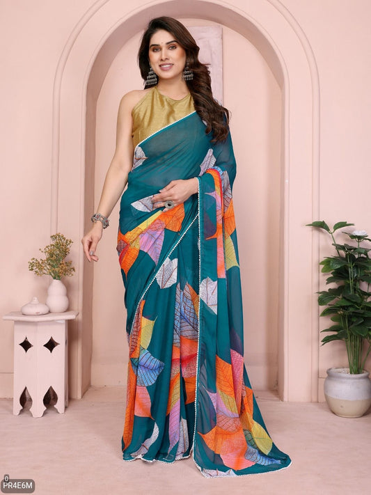 Ready-to-Wear Georgette Printed Leaf Saree with Lace Work & Banglori Silk Blouse