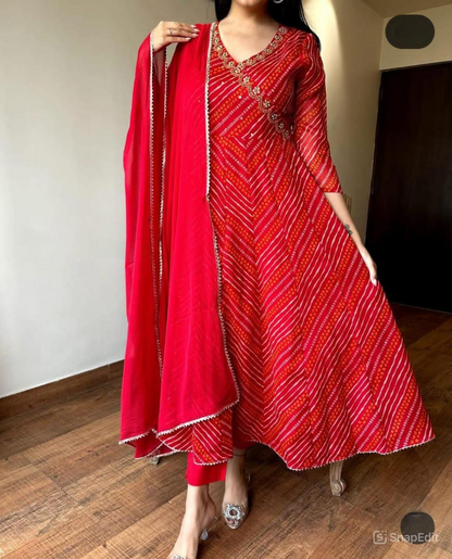 Red Bandej Cotton Anarkali Suit Set with Zardozi Work – 3 Piece