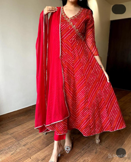 Red Bandej Cotton Anarkali Suit Set with Zardozi Work – 3 Piece