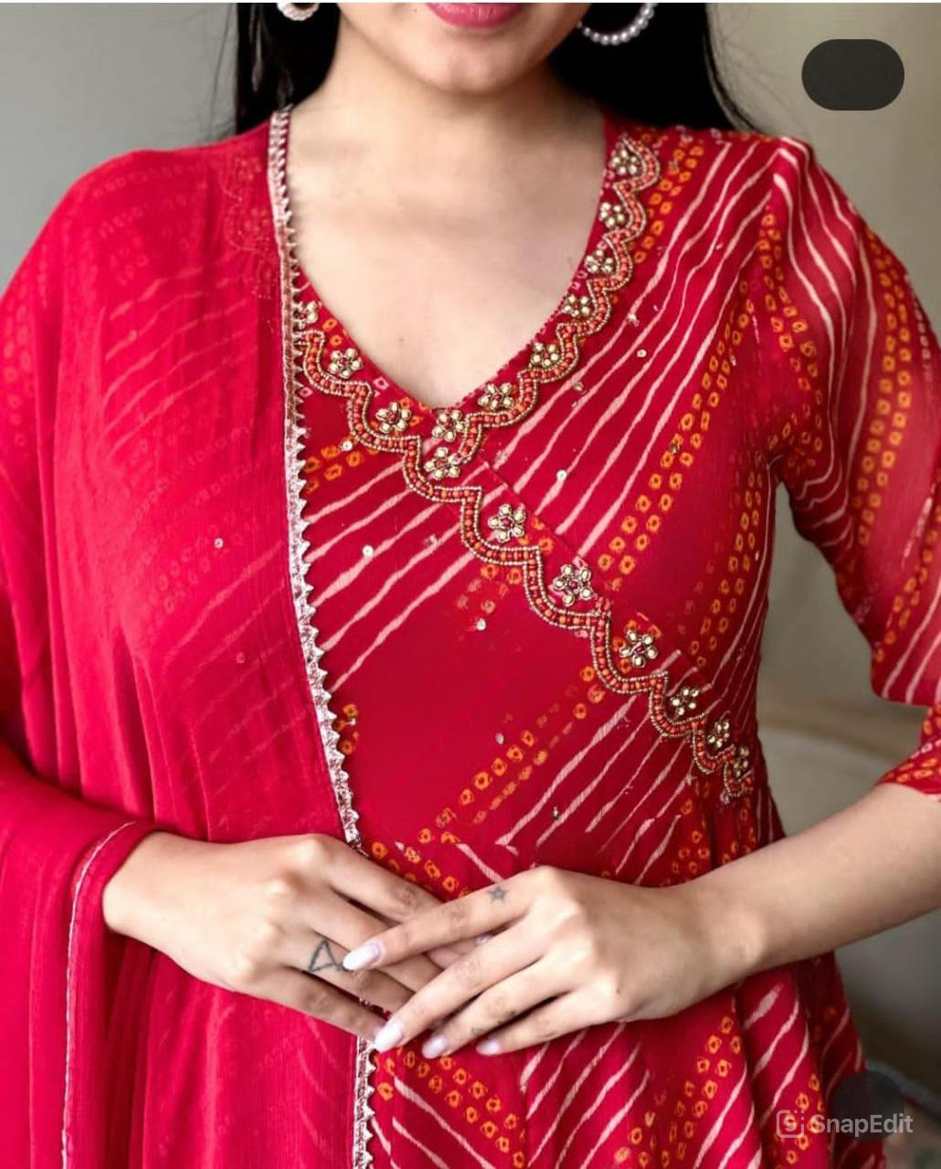 Red Bandej Cotton Anarkali Suit Set with Zardozi Work – 3 Piece