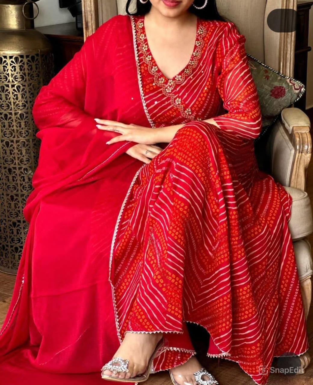 Red Bandej Cotton Anarkali Suit Set with Zardozi Work – 3 Piece