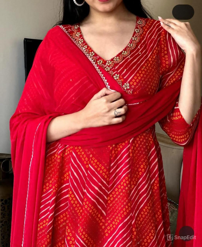 Red Bandej Cotton Anarkali Suit Set with Zardozi Work – 3 Piece