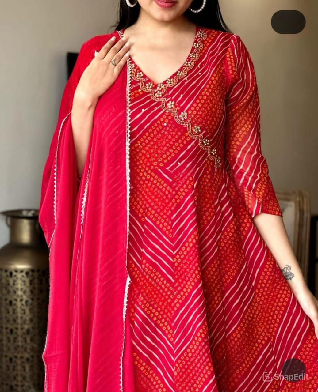 Red Bandej Cotton Anarkali Suit Set with Zardozi Work – 3 Piece