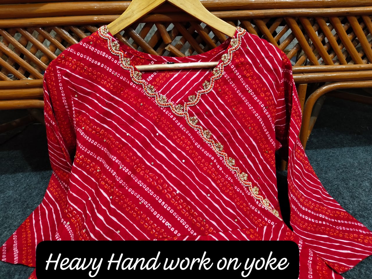 Red Bandej Cotton Anarkali Suit Set with Zardozi Work – 3 Piece