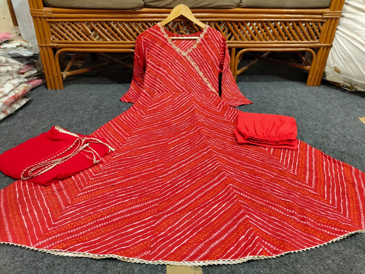 Red Bandej Cotton Anarkali Suit Set with Zardozi Work – 3 Piece