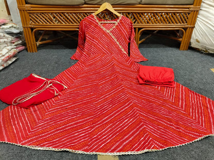 Red Bandej Cotton Anarkali Suit Set with Zardozi Work – 3 Piece