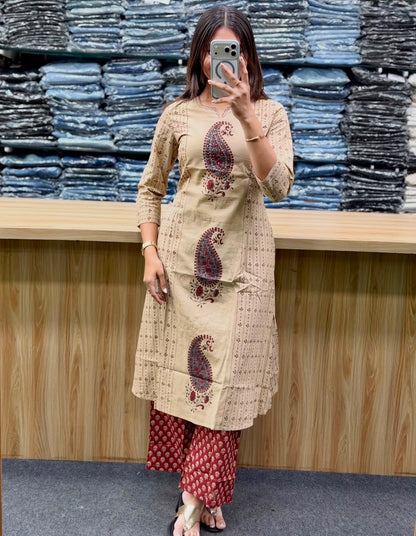 Red Cotton 60×60 Kairi Print Kurti Pant Dupatta Suit Set