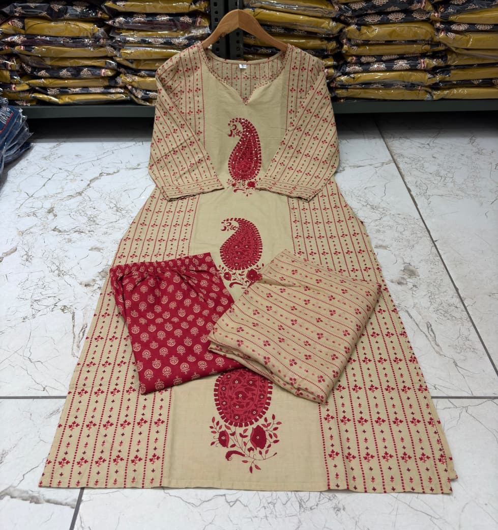 Red Cotton 60×60 Kairi Print Kurti Pant Dupatta Suit Set