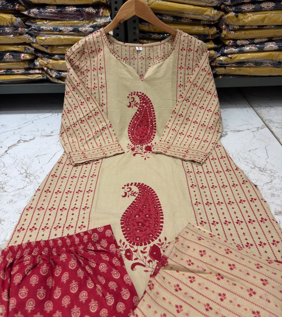 Red Cotton 60×60 Kairi Print Kurti Pant Dupatta Suit Set
