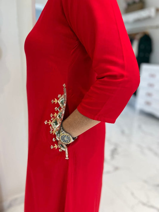 Red Cotton 60*60 Kurti Palazzo Set with Both Side Pocket Work