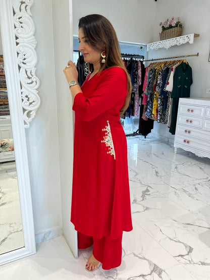 Red Cotton 60*60 Kurti Palazzo Set with Both Side Pocket Work