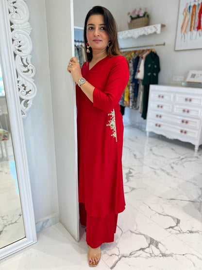 Red Cotton 60*60 Kurti Palazzo Set with Both Side Pocket Work