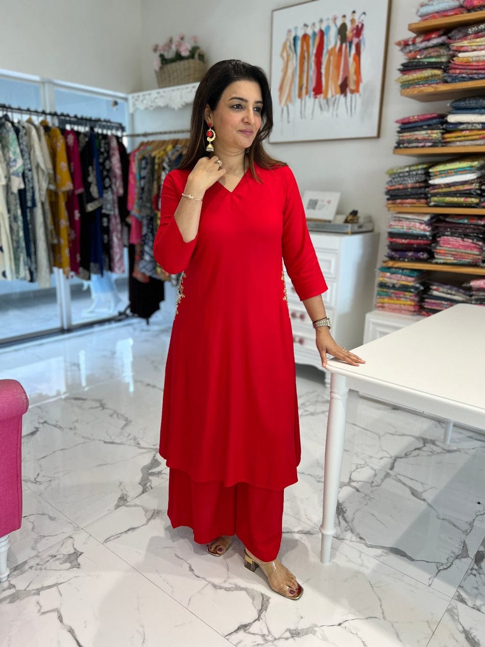 Red Cotton 60*60 Kurti Palazzo Set with Both Side Pocket Work