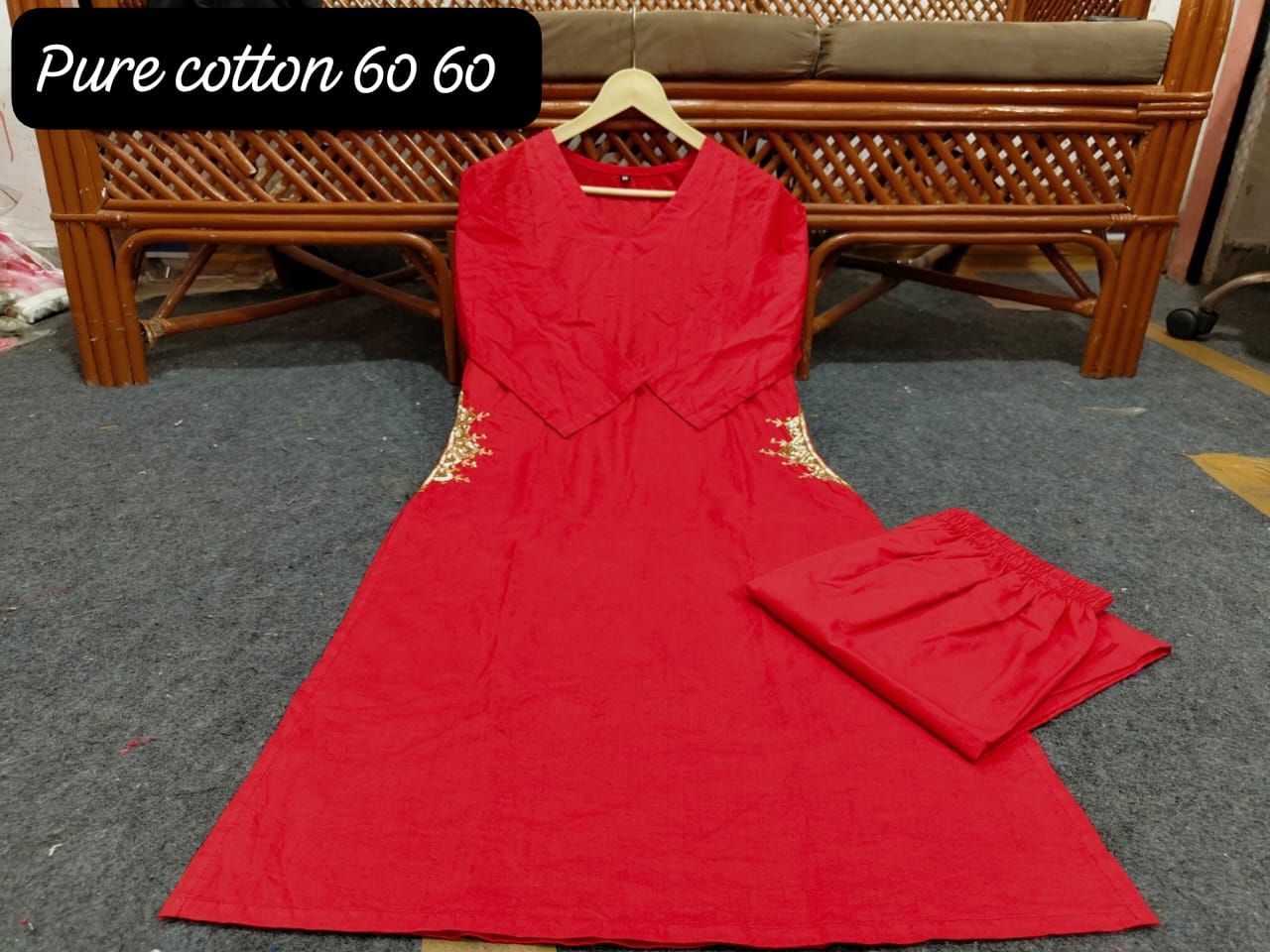 Red Cotton 60*60 Kurti Palazzo Set with Both Side Pocket Work