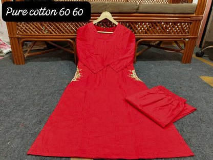 Red Cotton 60*60 Kurti Palazzo Set with Both Side Pocket Work