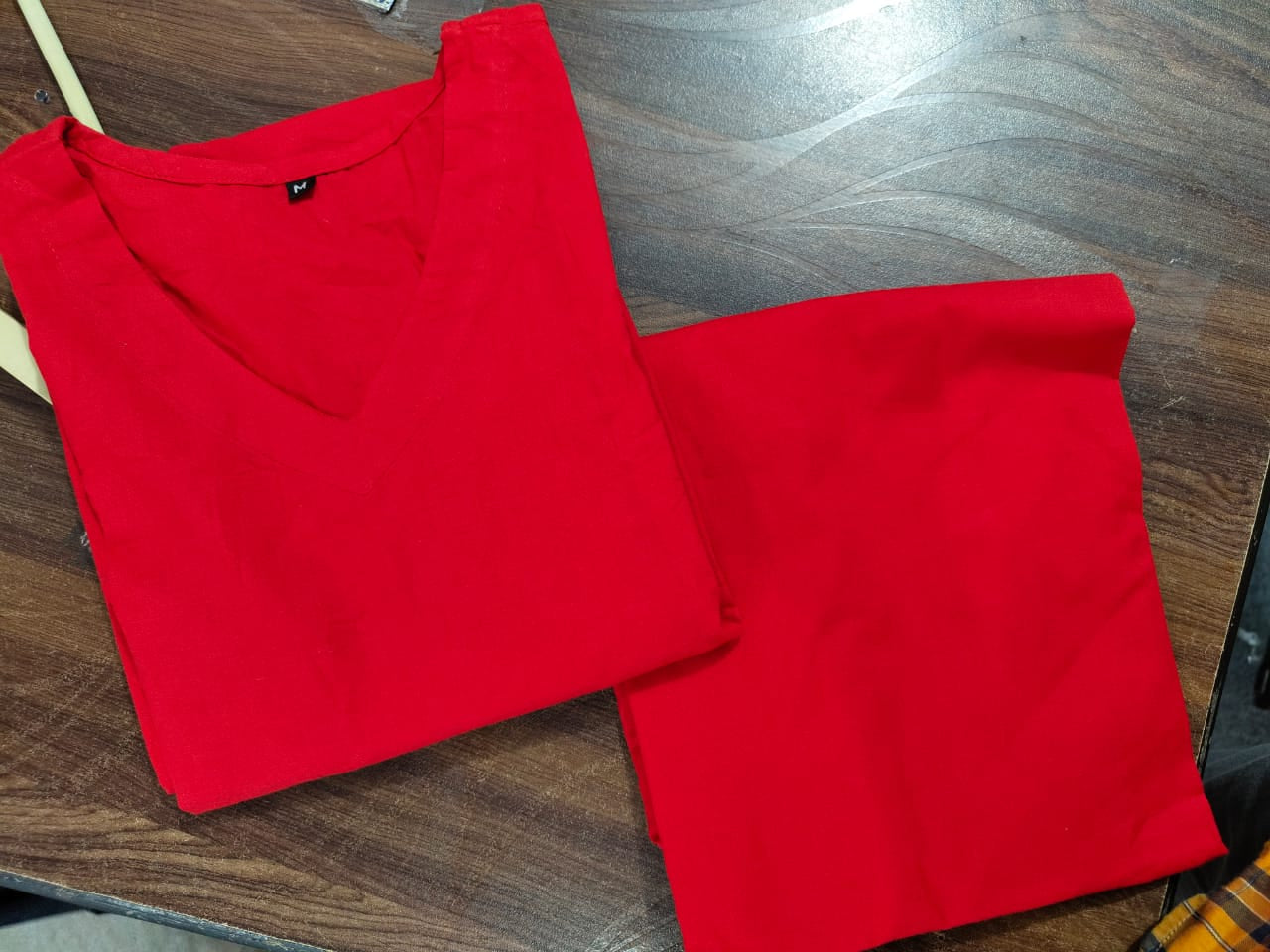 Red Cotton 60*60 Kurti Palazzo Set with Both Side Pocket Work