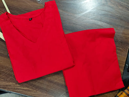 Red Cotton 60*60 Kurti Palazzo Set with Both Side Pocket Work