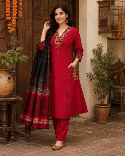 Red Cotton A-Line Kurti Set with Kanch & Moti Embroidery and Malmal Dupatta